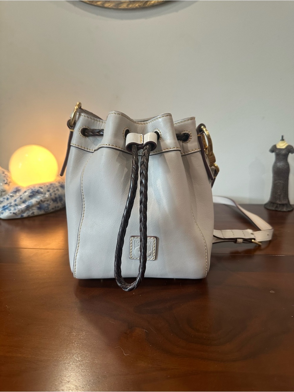 Dooney & Bourke Florentine Leather Drawstring Bucket Bag with Dark Brown Cord